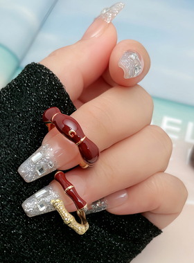 法式简约红色竹节可调节戒指女时尚复古甜酷百搭食指戒冷淡风配饰