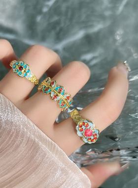 古色古香新中式民族风复古如意祥云珐琅戒指女精致气质轻奢指环潮