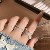 简约细圈交叉镶钻珍珠轻奢开口戒指女ins冷淡风气质小众百搭指环