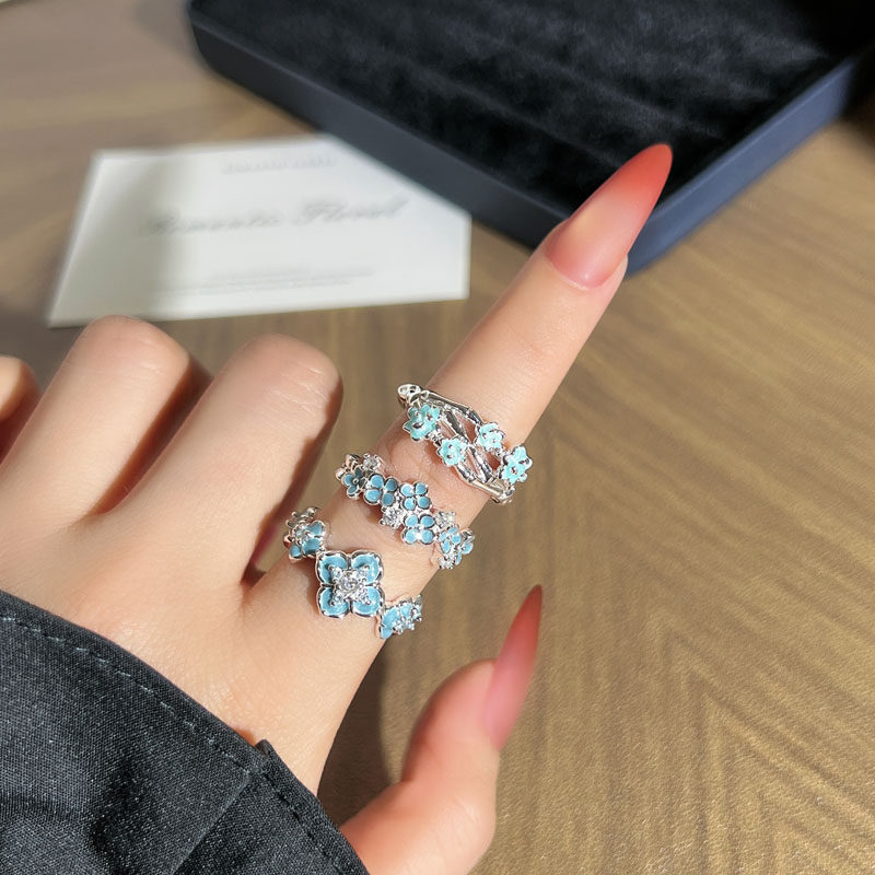 小清新配饰浅蓝花语气质温柔风甜酷花朵戒指女冷淡风叠戴闺蜜指环
