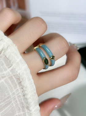 极简气质蓝色鎏金珐琅滴釉素圈开口戒指女显白叠戴时尚个性指环潮