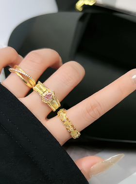 小红书爆款拉丝鸽子蛋戒指女中古风粉钻宫廷时尚小众百搭指环配饰