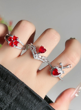 焰心钻语浪漫甜酷氛围感红钻爱心开口戒指女时尚港风时尚气质配饰