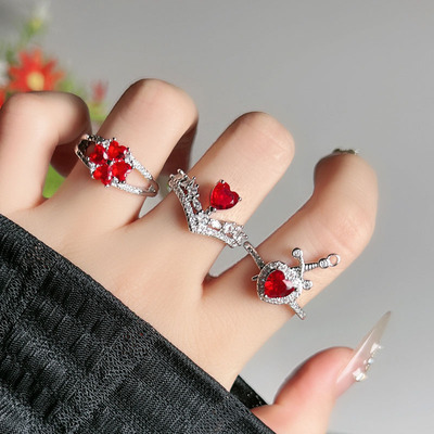 焰心钻语浪漫甜酷氛围感红钻爱心开口戒指女时尚港风时尚气质配饰