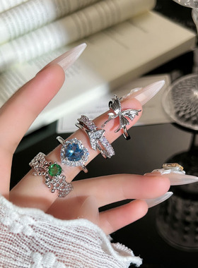 海蓝之心轻奢复古爱心素圈蝴蝶戒指女简约鱼尾微镶气质小众指环潮