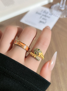 欧美网红同款蛇形橘色珐琅开口戒指女冷淡风小众潮流轻奢指环配饰