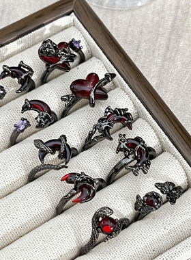 赤夜幽月朋克不规则肌理血月爱心暗黑风戒指中性风小众设计感指环