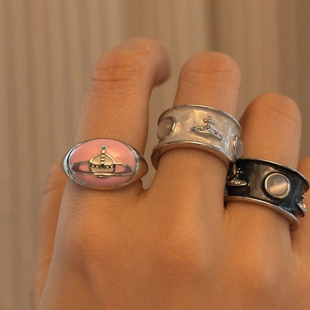 复古中古款珐琅猫眼土星西太后开口戒指时尚冷淡风个性气质指环