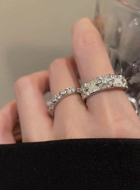 法式简约个性两件套拉丝开口戒指女冷淡风精致满钻叠戴食指环潮酷