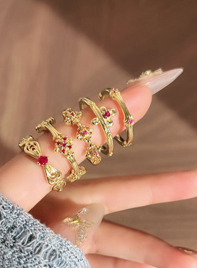 玲珑古韵宫廷风细圈拉丝叠戴显白开口戒女几何时尚轻奢高级感指环