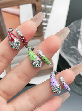 欧美新款绿钻蛇头异域微镶滴釉灵蛇戒指无性别风个性朋克辣妹指环