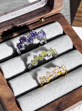 甜酷轻奢高级感紫钻错位小方钻开口戒指女ins冷淡风个性叠戴指环