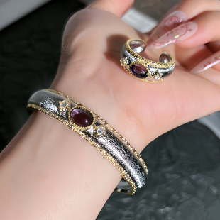 中古vintage紫色石椭圆宽版拉丝手镯戒指套装女宫廷风轻奢高级感