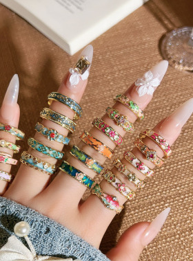 高颜值设计师款复古国潮风油画花朵小众戒指女轻奢气质高级感指环