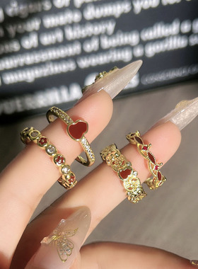 倾城红颜新款复古红色葫芦花朵戒指女小众叠戴简约轻奢气质食指戒