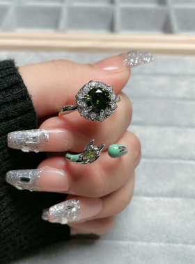 跨境复古轻奢橄榄绿锆石开口戒指女ins冷淡风气质几何甜酷食指戒