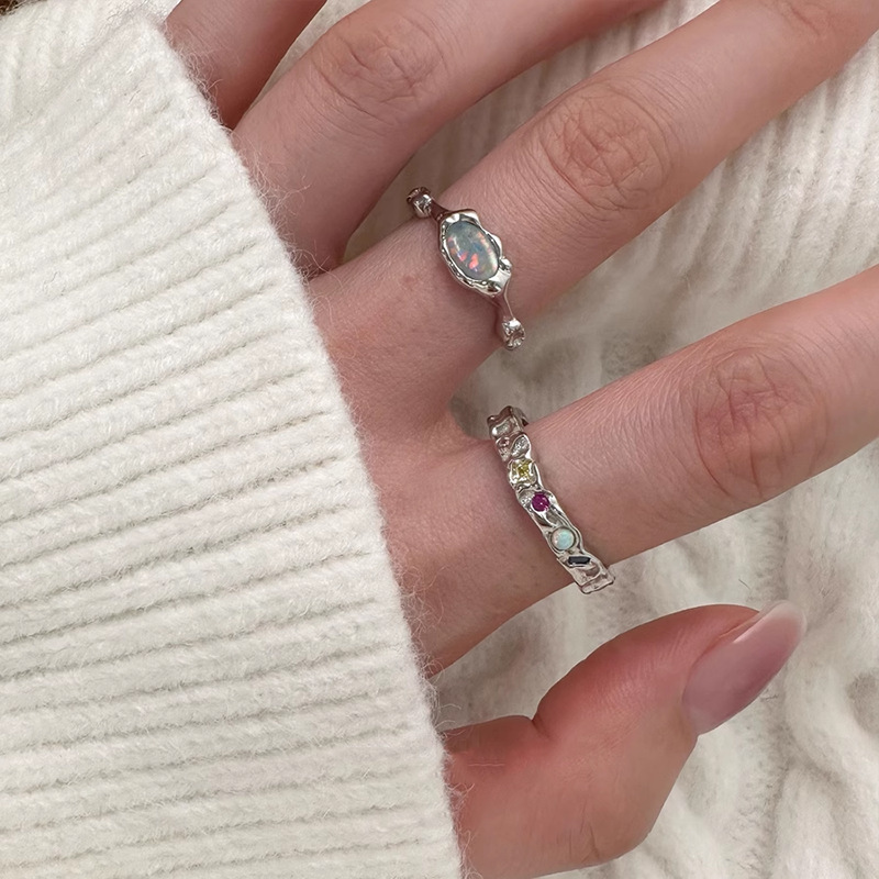 欧泊石彩色碎钻戒指女组合款冷淡风时尚个性百搭高级感食指戒新款