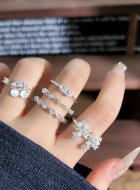 法式清冷感甜美风银色细圈闪钻蝴蝶结开口戒指女简约轻奢小众指环