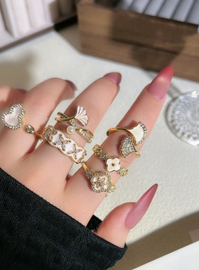 直播爆款轻奢四叶草银杏叶鎏金珐琅开口戒指女气质小众设计感指环