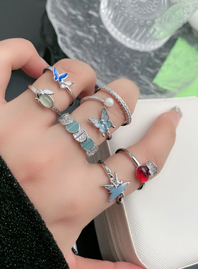 ins冷淡风冰蓝蝴蝶开口戒指女学生个性福袋独特兔子时尚气质指环