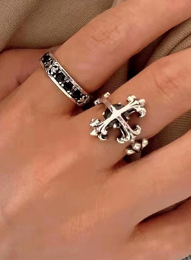 嘻哈做旧十字架黑色锆石镶嵌开口戒指小众设计高级感个性情侣指环