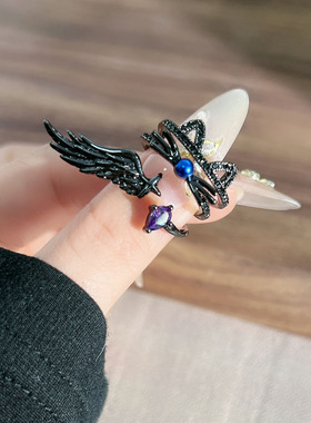 欧美暗黑风猫咪潮酷羽翼个性小众开口戒指无性别风朋克时尚食指戒