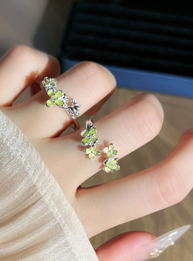 森系花漾立体花朵淡绿珐琅气质戒指女小众设计感冷淡风甜美食指戒