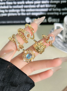 法式古典宫廷风蛋面月光石戒指女皮带扣交叉链条几何轻奢气质指环