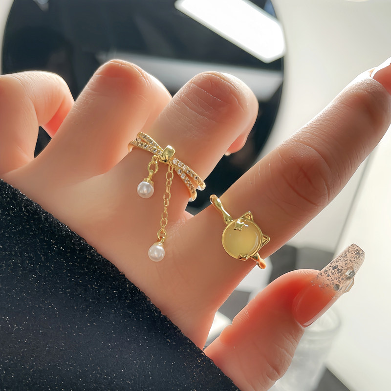 精致法式珍珠链条流苏气质开口戒指女猫眼小众简约时尚百搭食指环