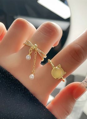 精致法式珍珠链条流苏气质开口戒指女猫眼小众简约时尚百搭食指环