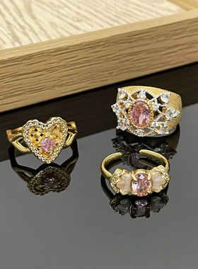 新款时尚粉钻蝴蝶结复古镂空拉丝戒指女可调节小众设计感精致指环