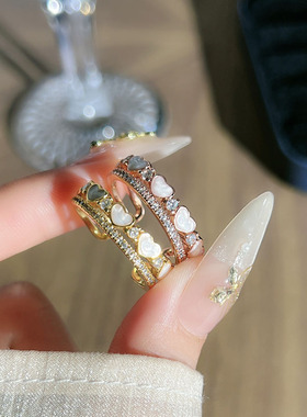 欧美跨境个性双层爱心可调节戒指女精致小众轻奢潮酷心形情侣指环