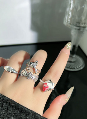 混搭蕾丝花边银色开口戒指女甜酷草莓时尚轻奢高级感叠戴食指戒潮