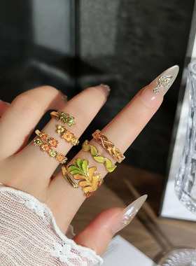 森系复古轻奢美学小众精致叶子花朵戒指女气质不规则肌理珐琅指环