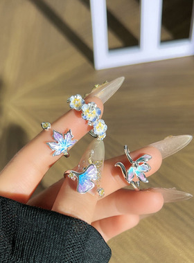 甜妹风渐变紫色枫叶银杏花朵戒指女创意轻奢高级感气质百搭指环潮