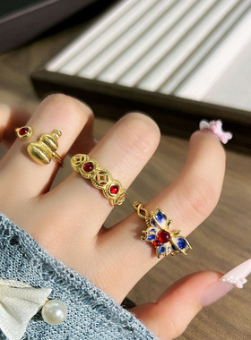 宫廷风精致拉丝葫芦复古轻奢戒指女渐变蝴蝶甜酷高级感独特食指戒