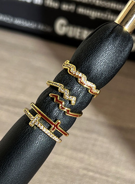 新款水波纹排钻轻奢简约开口戒指女十字架小众设计感叠戴百搭指环