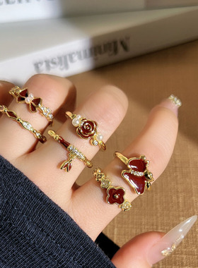 情人节礼物春节氛围感红色珐琅戒指女马上有钱气质竹节高级感指环