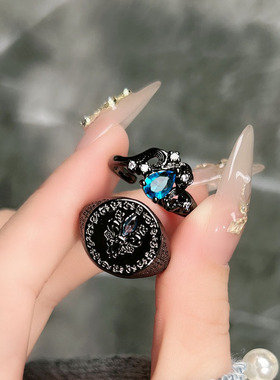 暗影蓝钻神秘暗黑系宝蓝锆石个性戒指中性风潮酷设计感小众食指戒