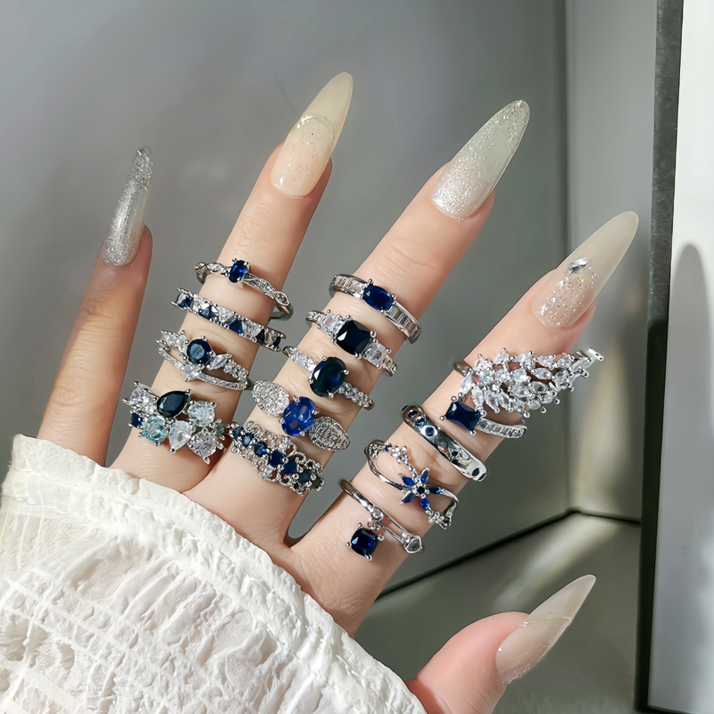 蓝色锆石集合款小众设计感轻奢气质个性开口戒指女冷淡风百搭指环