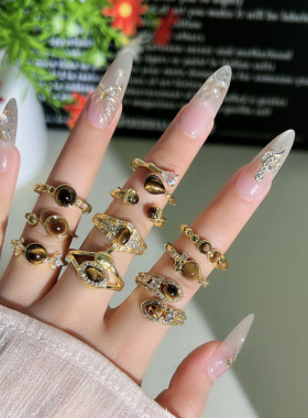 跨境复古虎眼石小众设计感时尚开口戒指女中古风甜酷气质百搭指环