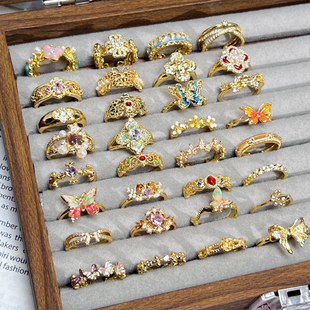 新款轻奢复古时尚气质百搭彩色蝴蝶珐琅戒指女小众设计感时尚指环