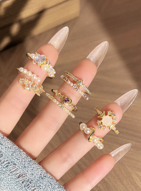 鎏金碎钻时尚ins冷淡风戒指女甜酷元气珍珠小众双层爱心叠戴指环