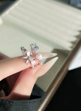 在逃公主甜美蕾丝粉色蝴蝶结草莓开口戒指女减龄可爱气质小众指环