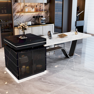 高端岩板岛台一体餐桌可伸缩龙抬头意式 导台带水槽劳伦黑金鱼肚白