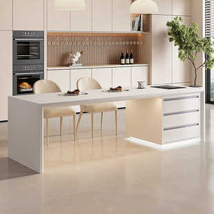 意式 岩板岛台餐桌一体家用带电磁炉水槽导台定制倒台 奶油风齐平款