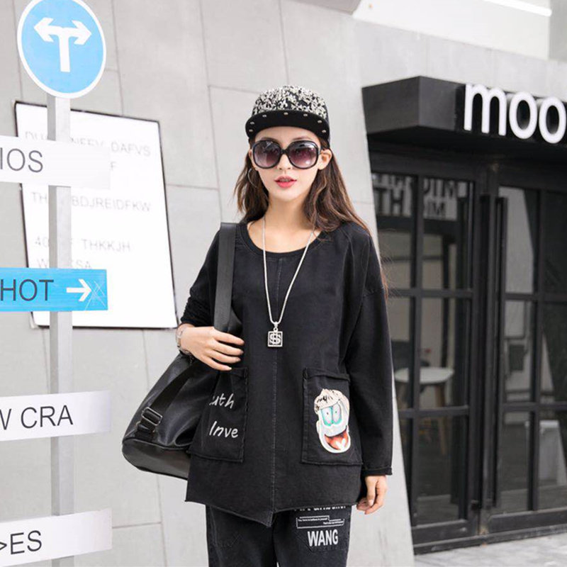 中长款宽松长袖t恤衫女2026新款大码春季黑色复古做旧套头打底衫