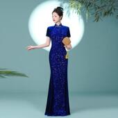 蓝色丝绒鱼尾修身 高端走秀旗袍2025冬季 新款 显瘦年会晚宴礼服裙女