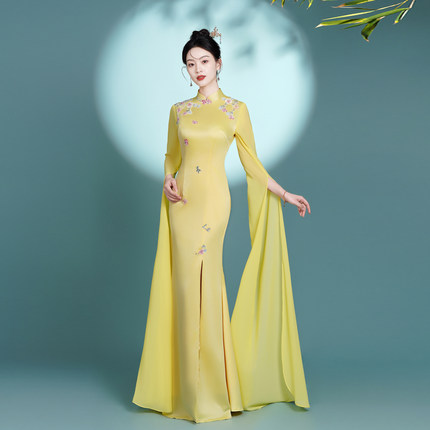 2026新款改良鱼尾走秀旗袍女民乐古筝演出表演高端立领轻奢晚礼服