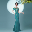 国风千里江山青绿晚礼服2025新款 前开叉演出旗袍裙 高级感鱼尾修身